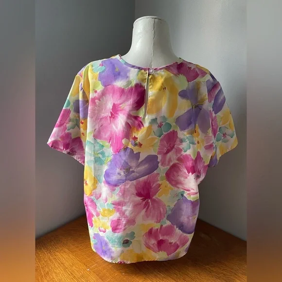 Vintage Blair Women’s Blouse Bold Floral Bright Short Sleeve Top Size 16 L XL - Picture 4 of 16